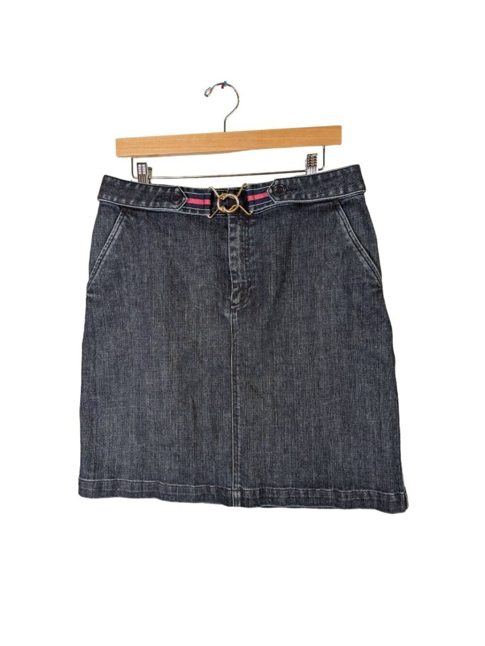 Talbots Women size 12 Skirt Blue Denim Belted Preppy Stretch Country Western
